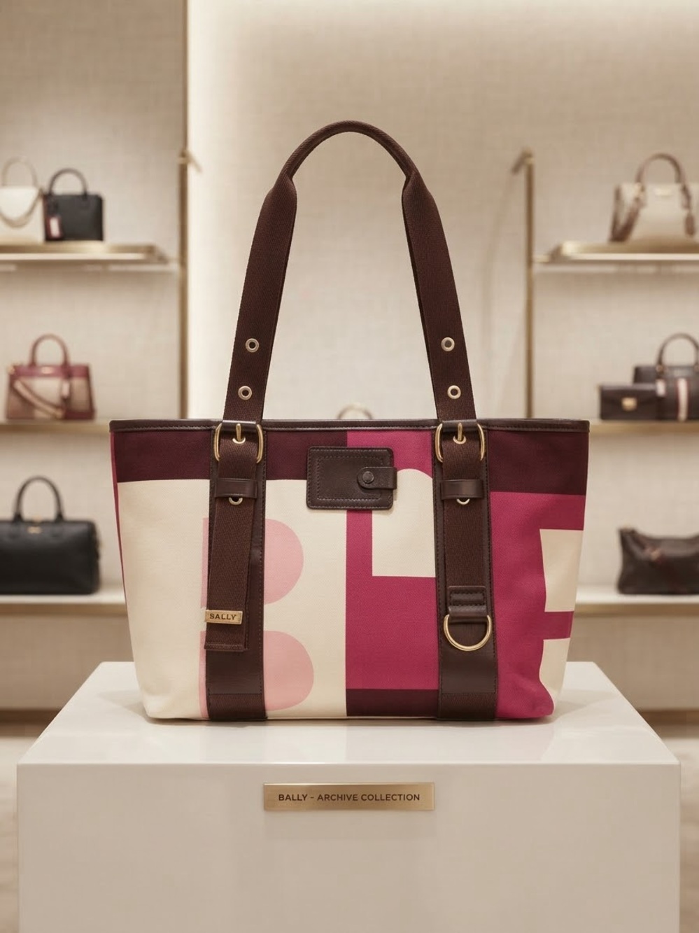 Bally Pink, Cream & Brown Canvas Tote with Leather Straps